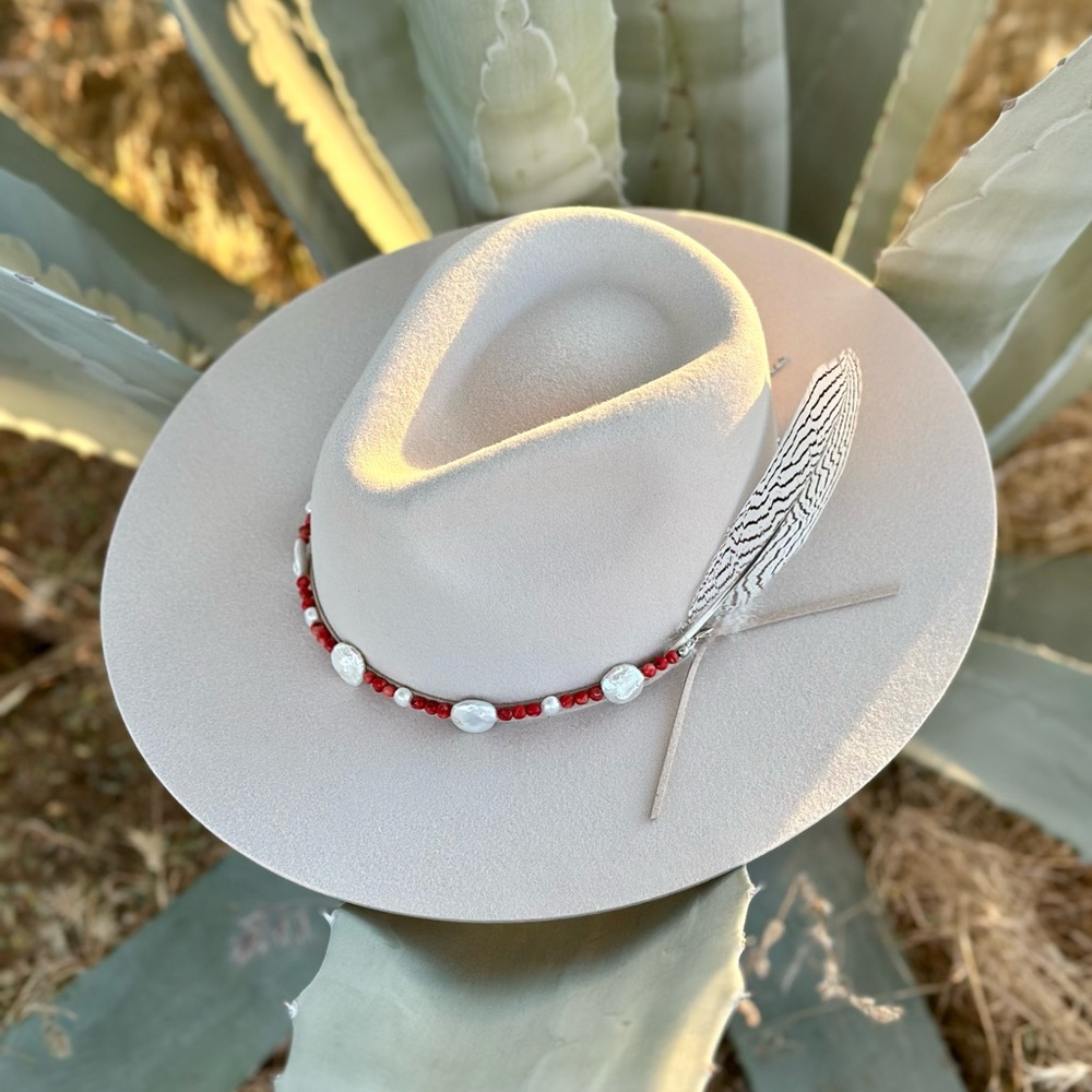 Freshwater Pearl and Red Coral Hat Band - Picture 3 of 9